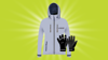 Proviz REFLECT360 grey cycling jacket with the matching grey and black cycling gloves against a bright green background.