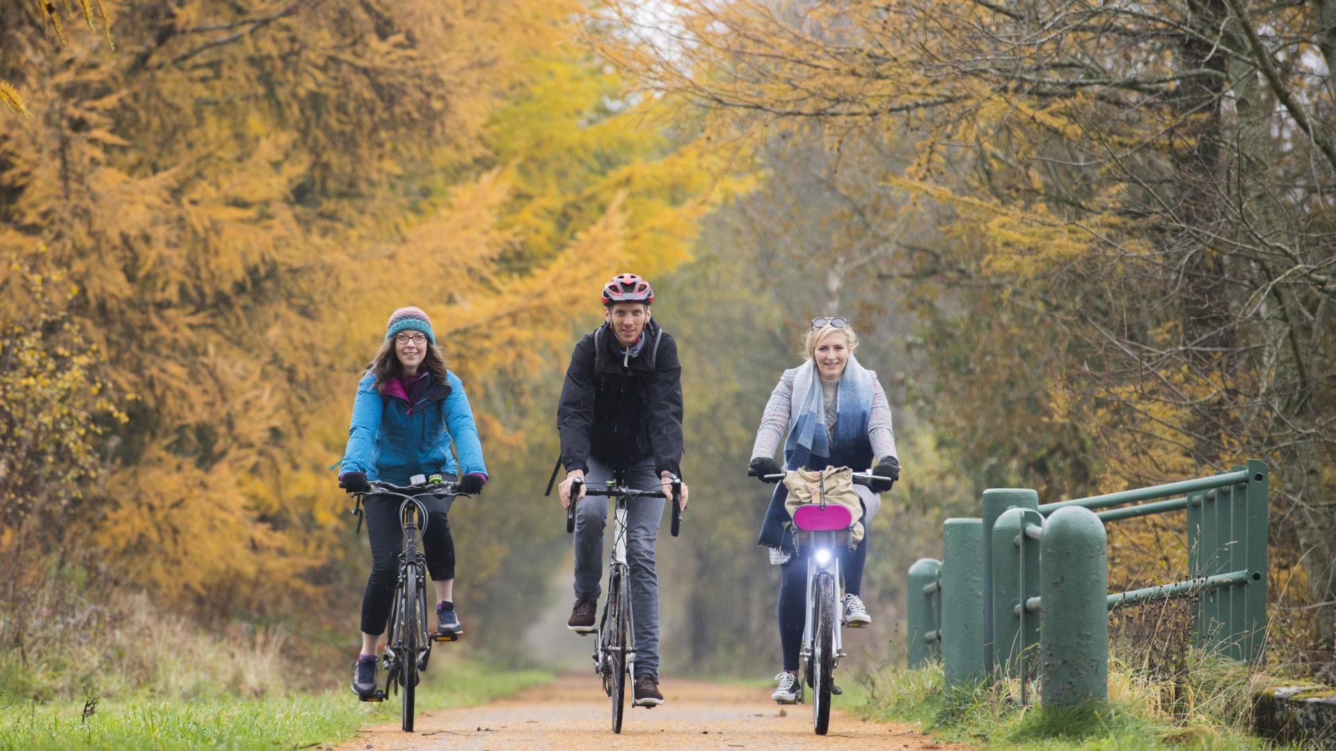 Three people cycling along traffic-free route in autumn