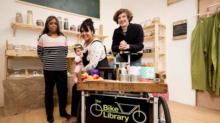 family testing cargo bike