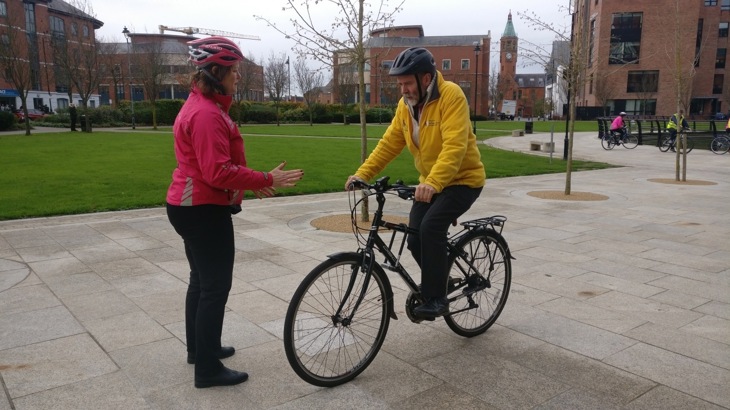 Walk Wheel Cycle Trust staff member running a cycle training course with man on bike