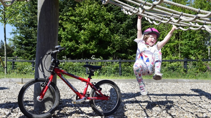 Girl playing on climbing frame with bicycle nearby