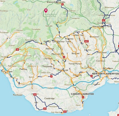 Map of route Cardiff to Brecon