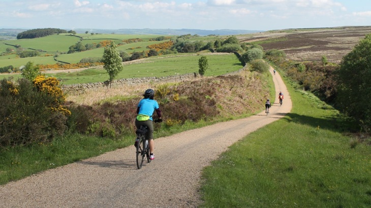 Cyclist in blue jersey following group of other cyclists on gravel path through countryside