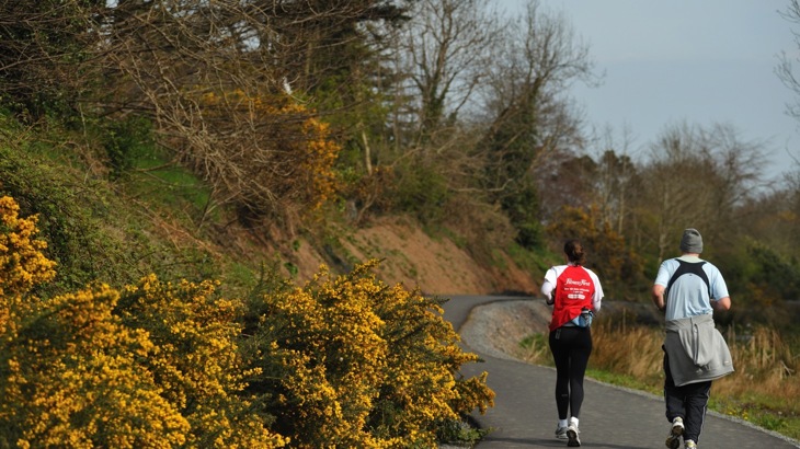 Two people jogging on asphalt path with trees and yellow gorse to the side
