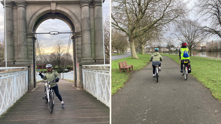 Image 1: A person standing under the arch of a bridge with their bike and smiling. Image 2: An adult and child cycling down a park next to a river.