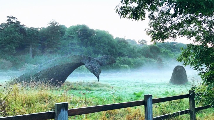 Two wicker sculptures shaped like a whale's tail and head standing in the middle of a field with fog and trees in the background