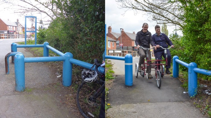 Before and after shot of barrier removal in York. Before shot shows the blue restrictive barrier on the route, and the after photo shows a dual cycle passing through where the barrier previously was.