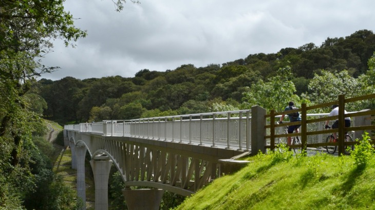 Two people people on cycles going over bridge in wooded valley