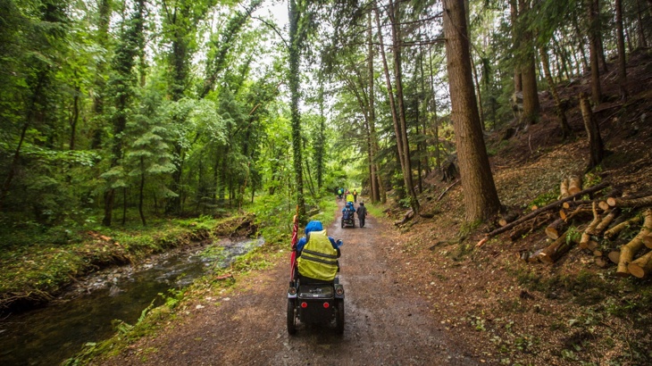 A person in a mobility scooter rides along a wide, flat trail through the woods