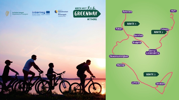 two men and two boys cycling at sunset along the foyle greenway with a graphic of a map of the north west greenway network to the right