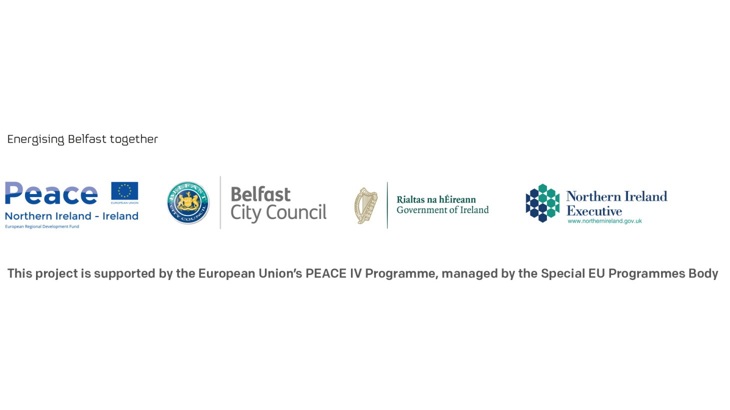 Forth Meadow Comunity Greenway funding banner made up of logos from: European Regional Development Fund, Peace IV Northern Ireland-Ireland, Belfast City Council, Government of Ireland and NI Executive logos