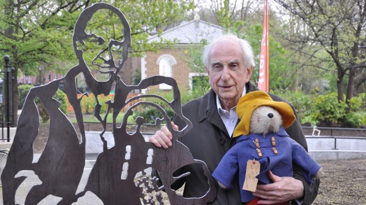 Michael Bond with Paddington Bear at portrait bench