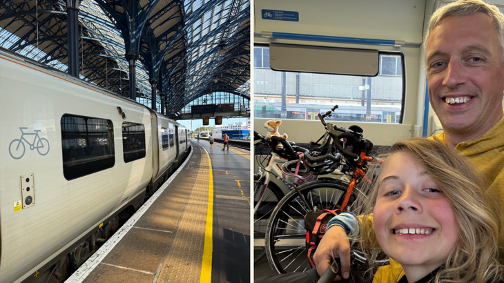 An image of a train on a station platform. Next image shows Ian and his daughter Iona on the train smiling into the camera with their touring bikes in the backdrop.