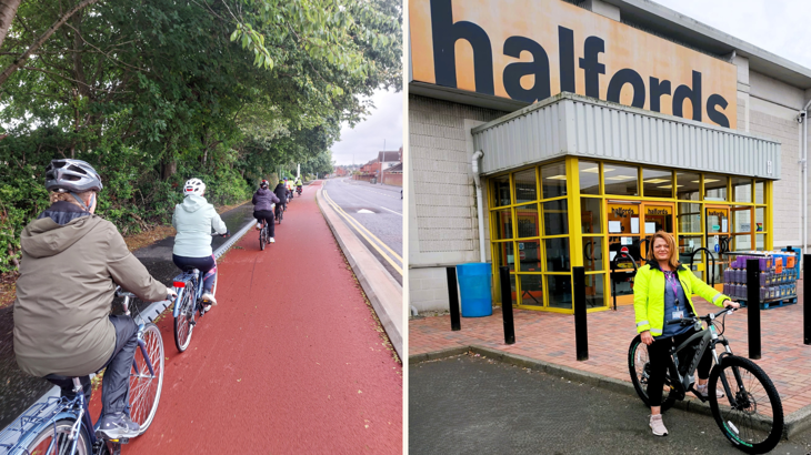 Left: A group of cyclists cycling behind each other down a cycle path. Right: Deidre standing with her bike in front of Halfords.